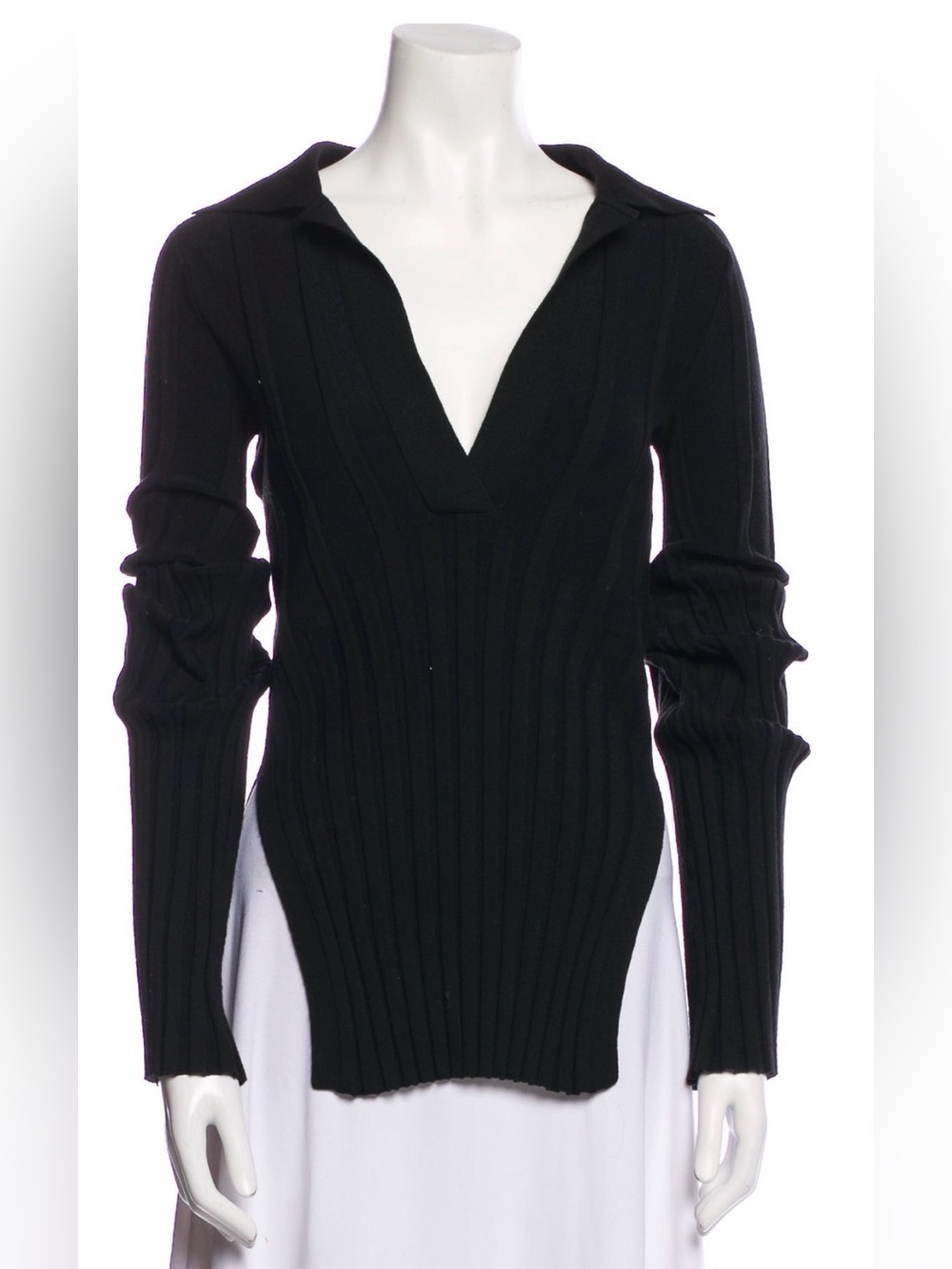 KHAITE BlackRibbed Deep V-Neck Sweater with Collar